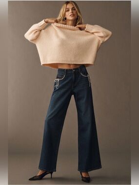Pilcro Pearl-Embellished Low-Rise Wide-Leg Jeans